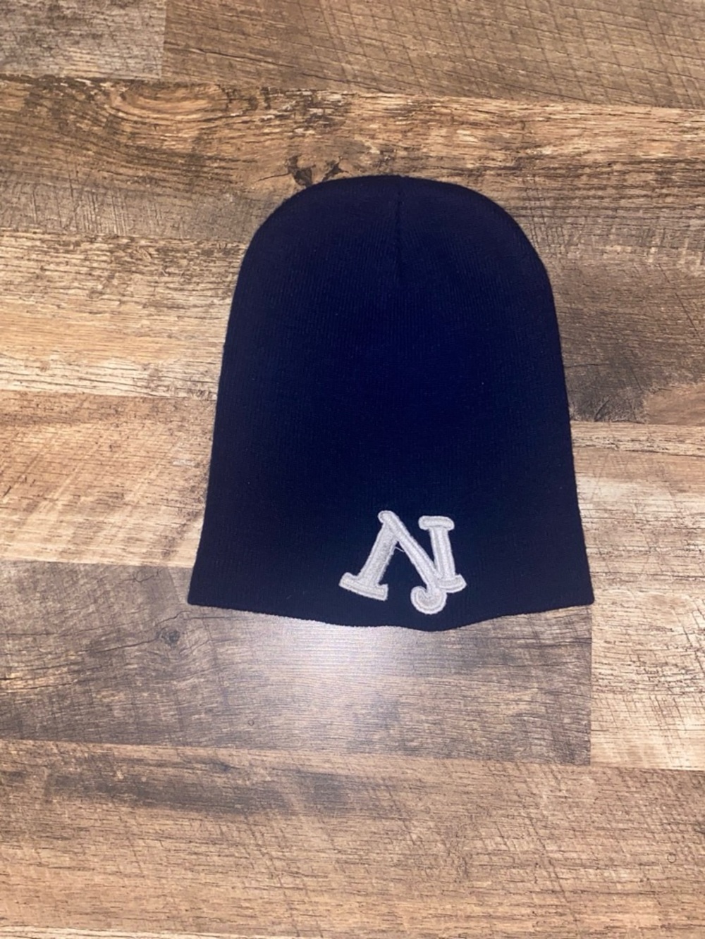 Navy Beanie Hat with White Embroidered 'N' Accent